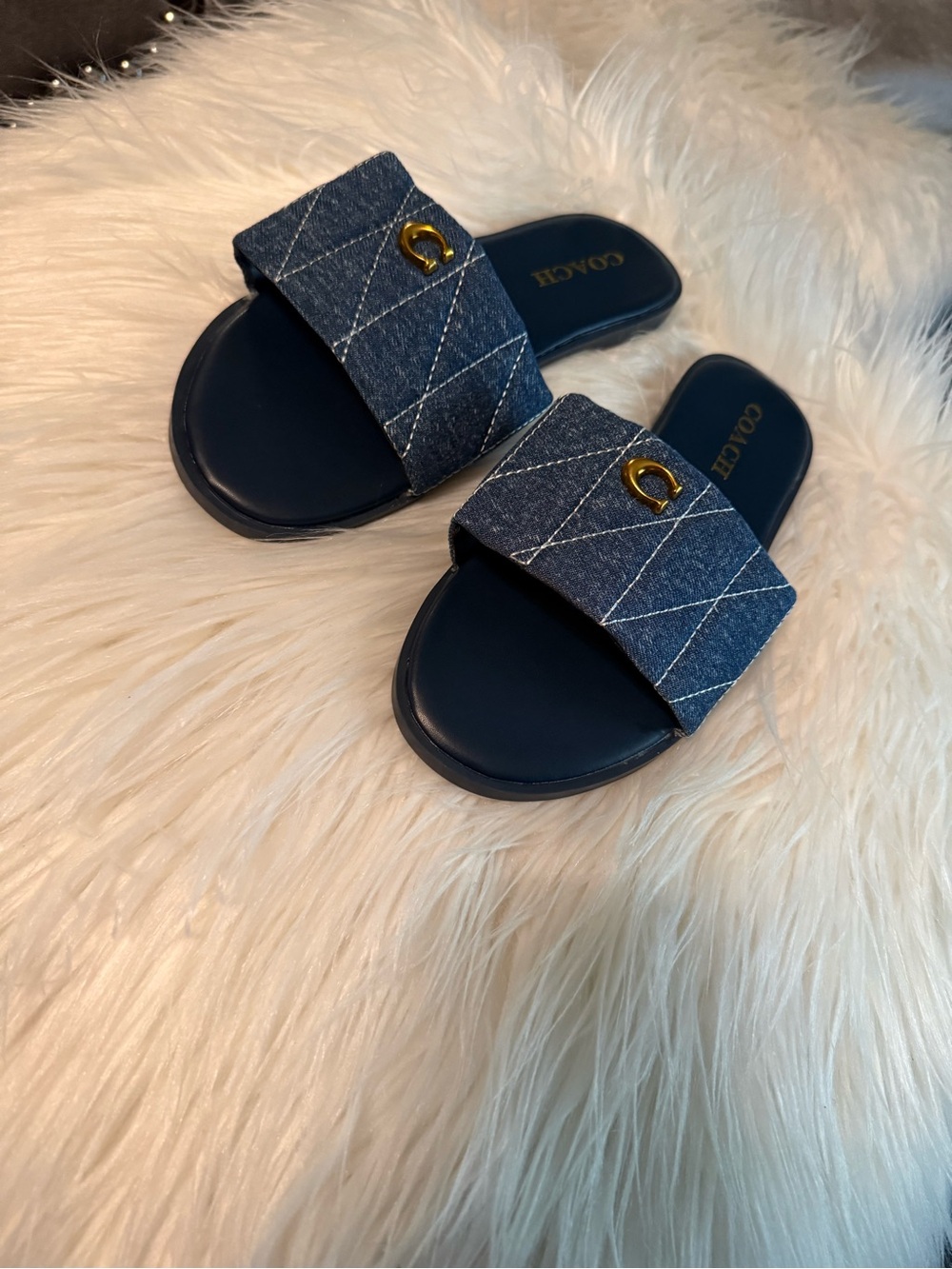 Women’s Navy Quilted Denim Slide Sandals - Picture 4 of 7
